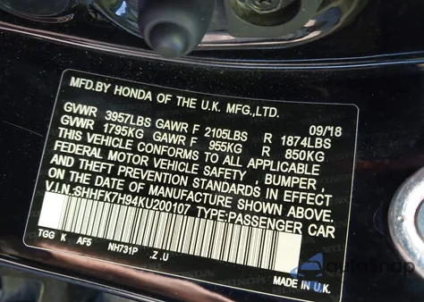 2019 Honda Civic Sport Touring из США, поврежденный, VIN SHHFK7H94KU200107